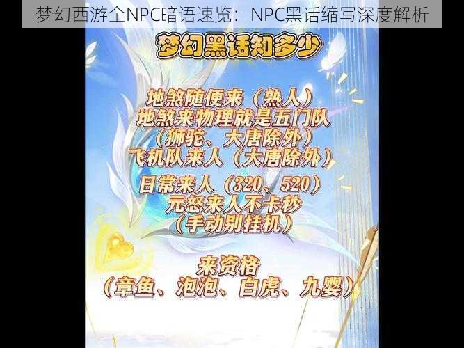 梦幻西游全NPC暗语速览：NPC黑话缩写深度解析