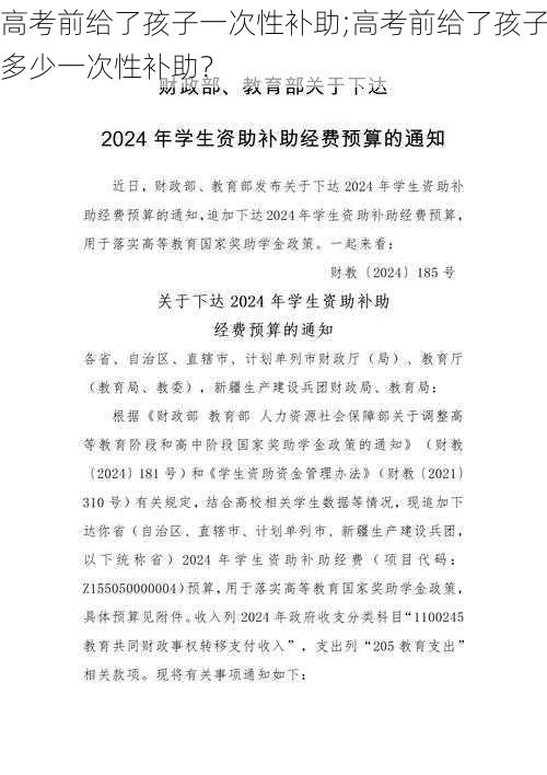 高考前给了孩子一次性补助;高考前给了孩子多少一次性补助？