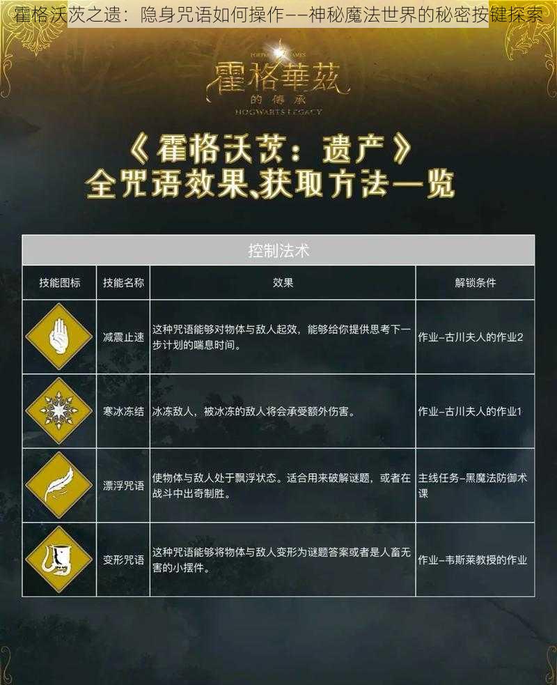 霍格沃茨之遗：隐身咒语如何操作——神秘魔法世界的秘密按键探索